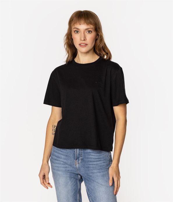 T-shirt damski z lnem CROPPED 8515 BLACK