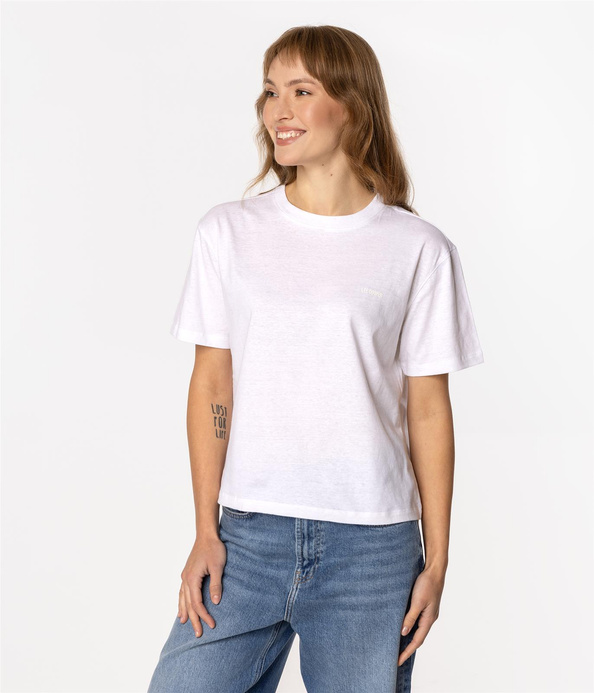 T-shirt damski z lnem CROPPED 8515 WHITE
