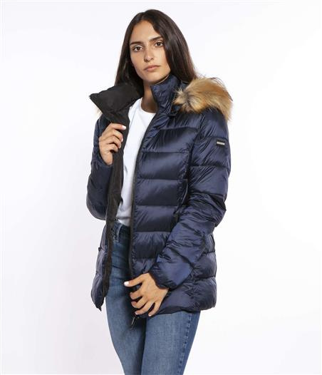 Pikowana kurtka z futrzastym kapturem FRANCES 2690 NAVY