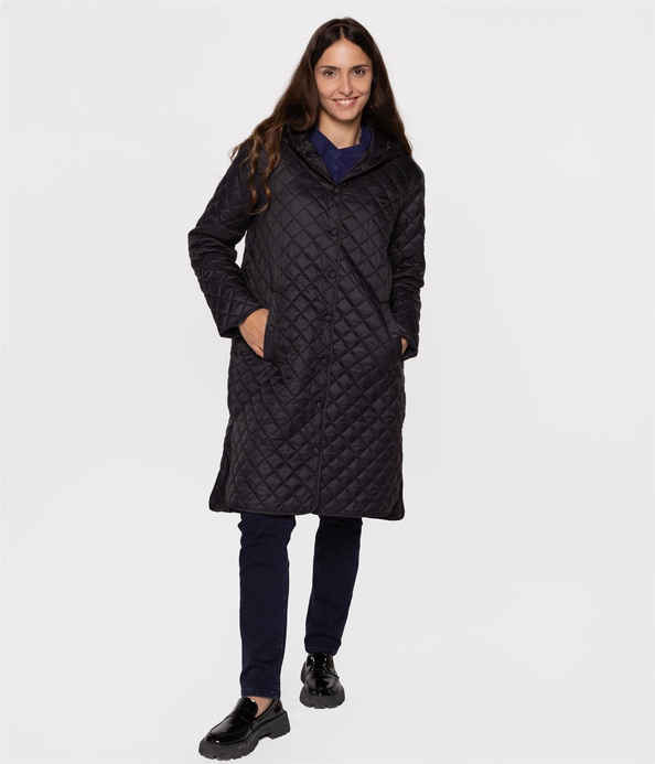 Długa pikowana kurtka z kapturem LORENA 2306 BLACK