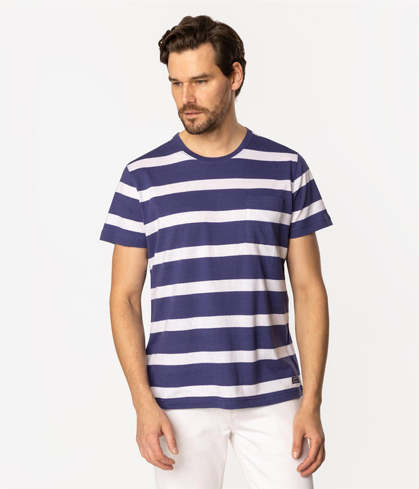 T-shirt męski z lnem w paski POCKET3 8515 VINTAGE INDIGO