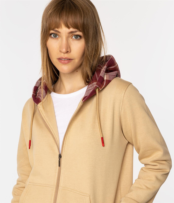 Rozpinana bluza damska z kapturem w kratę SAMIRA 4561 WARM SAND