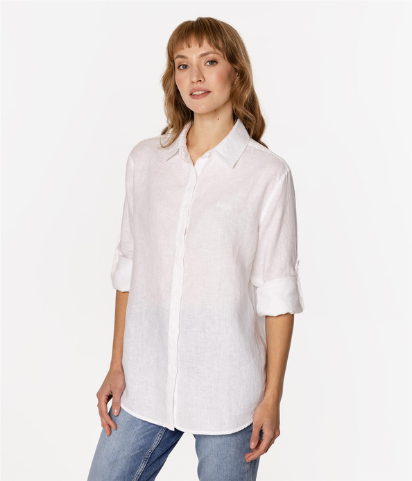 Lniana koszula damska regular z długim rękawem LINA 2020 WHITE