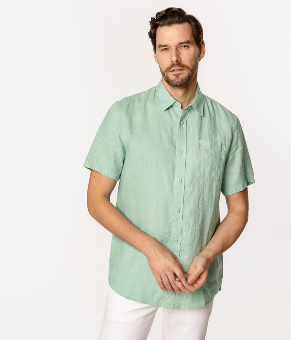 Lniana koszula męska regular z krótkim rękawem ROGER2 2020 CAMEO GREEN