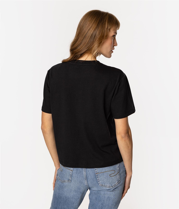 T-shirt damski z lnem CROPPED 8515 BLACK