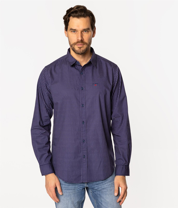 Koszula męska regular z długim rękawem i mikroprintem WAYNE 1124 SKIPPER BLUE