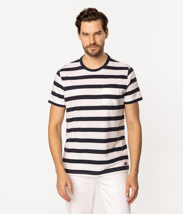 T-shirt męski z lnem w paski POCKET4 8515 NAVY BLAZER