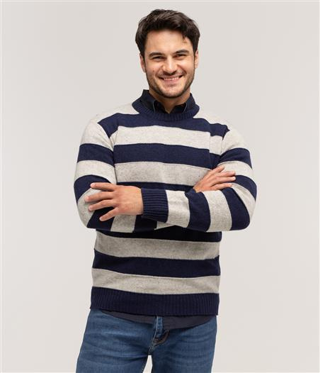 Wełniany sweter w poziome paski DELTA 0027 GREY STRIPES